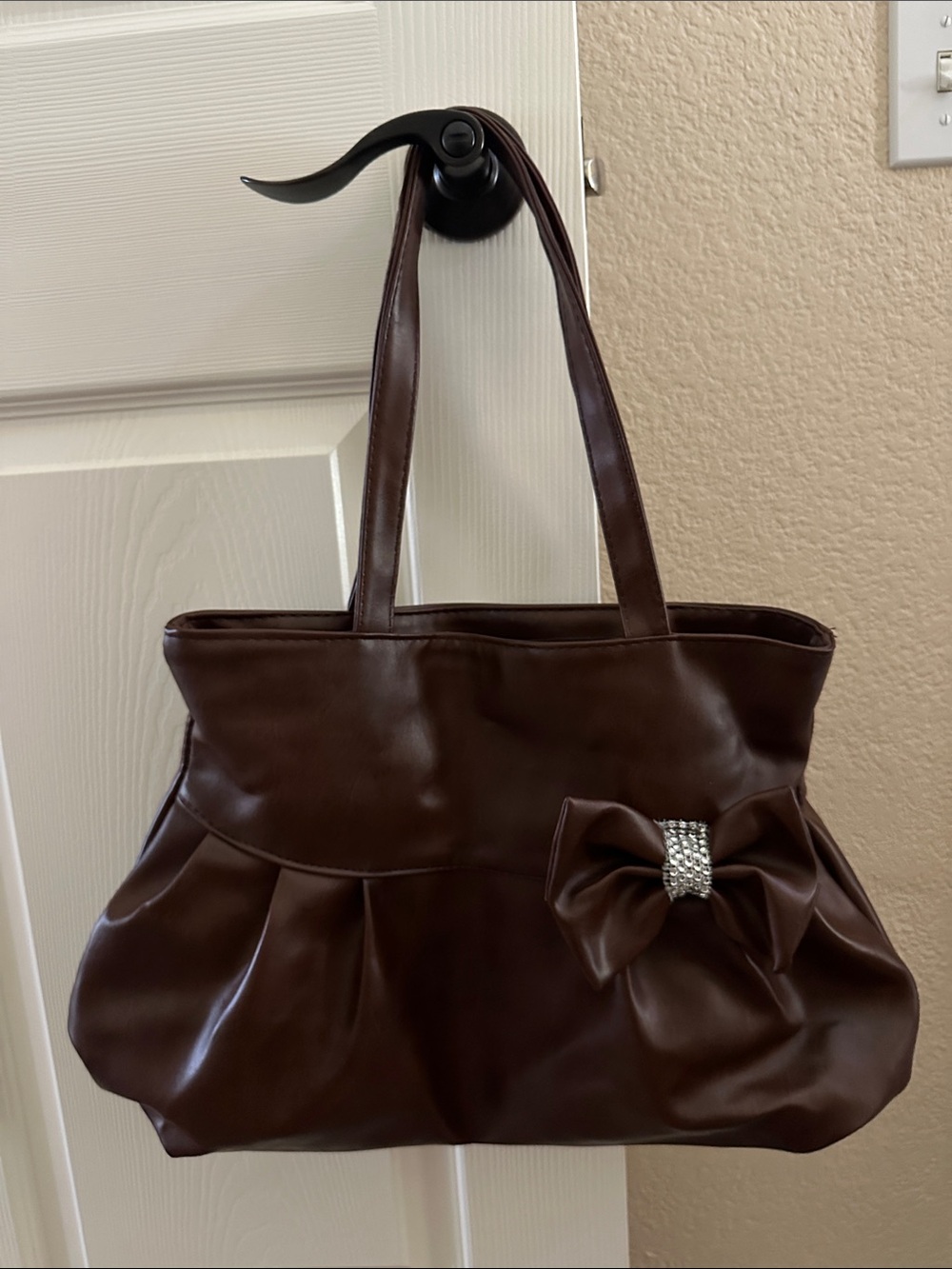 Women’s Brown Faux Leather Tote with Decorative Bow
